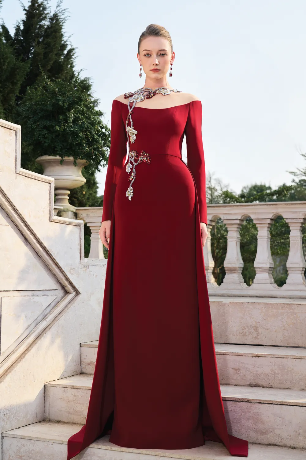 See Through Shoulder With 3D Embellished Flared Flap Dress