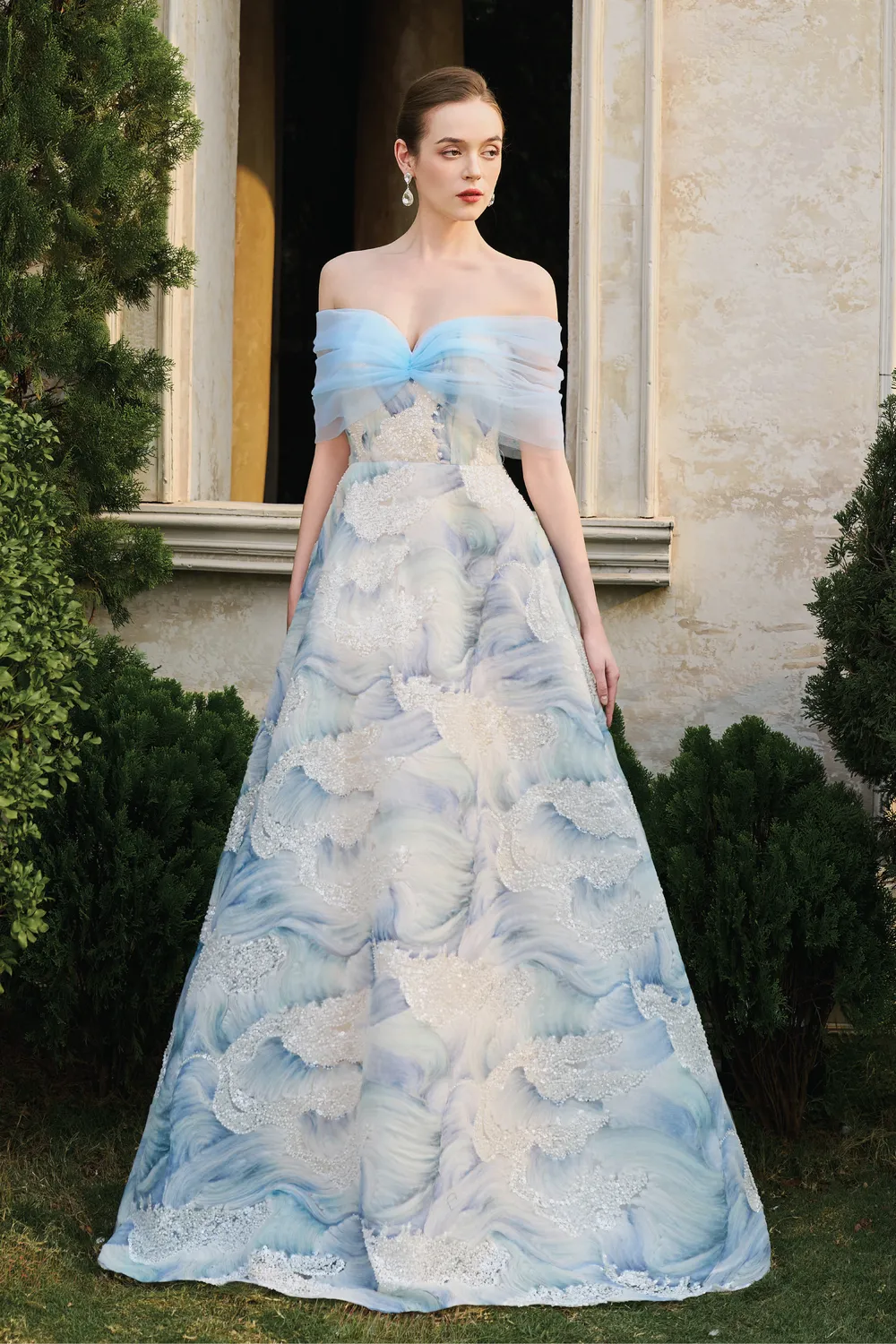 See-Through Off-Shoulder Cloudy Flared A-Line Dress