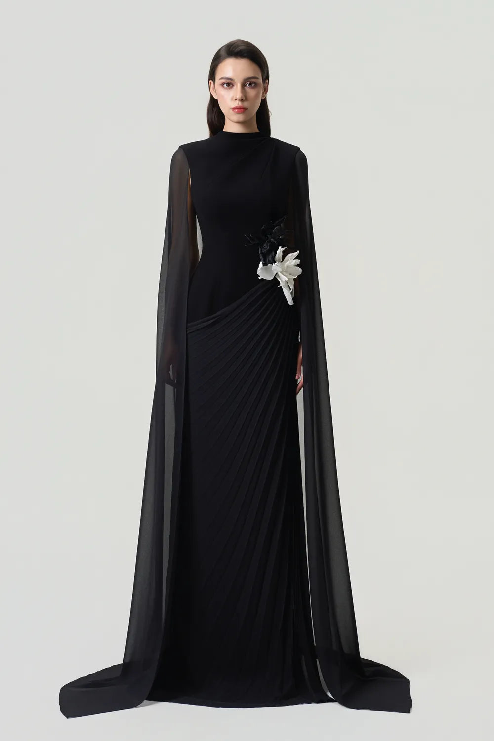 Long Sleeves Cape Diagonal Pleated Dress - TRACY COUTURE