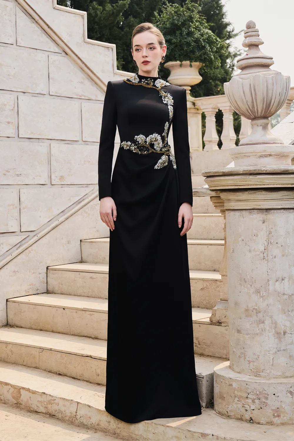 High Neck Long Sleeve Floral Dress