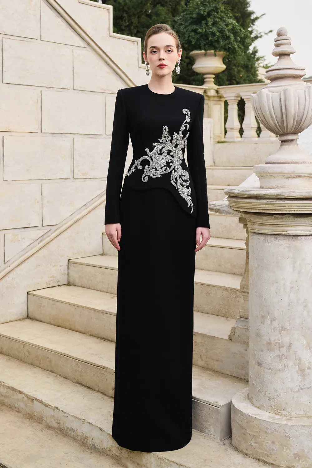 Side Crystal-Embellished Floor Length Dress