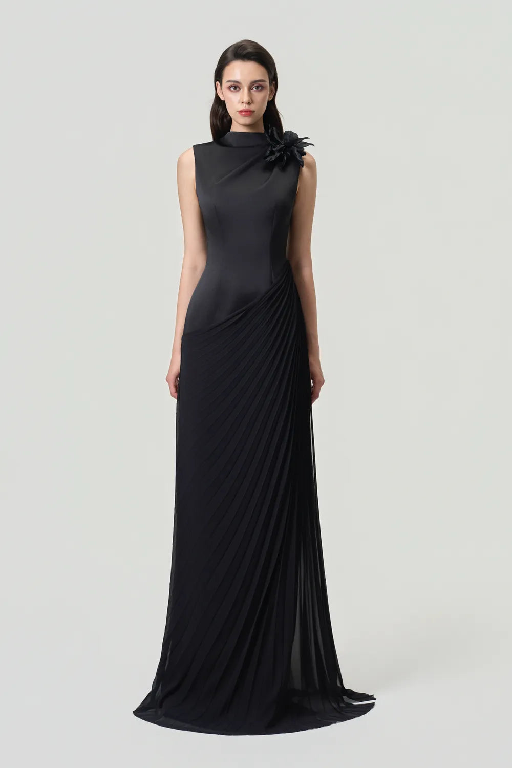 High Neck Diagonal Drop Waist Pleated Dress - TRACY COUTURE