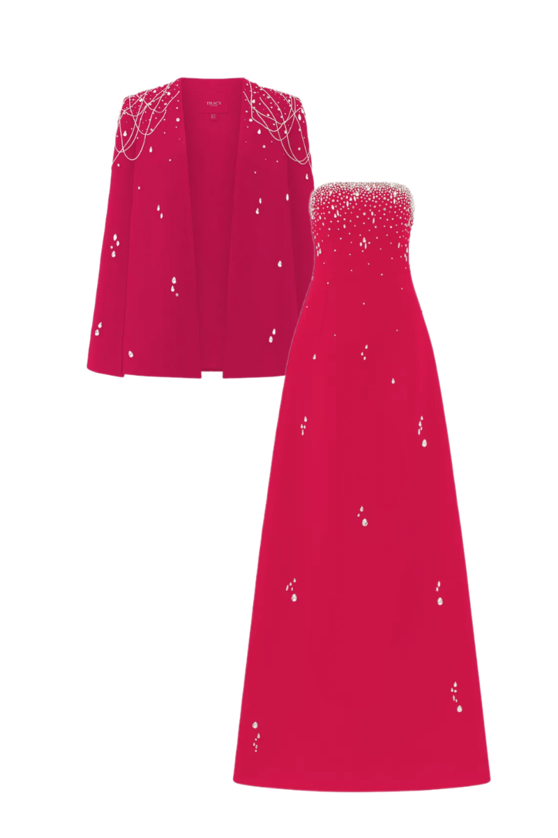 Crystal Strings Cape With Straight Across Crystal Embellished Dress Set