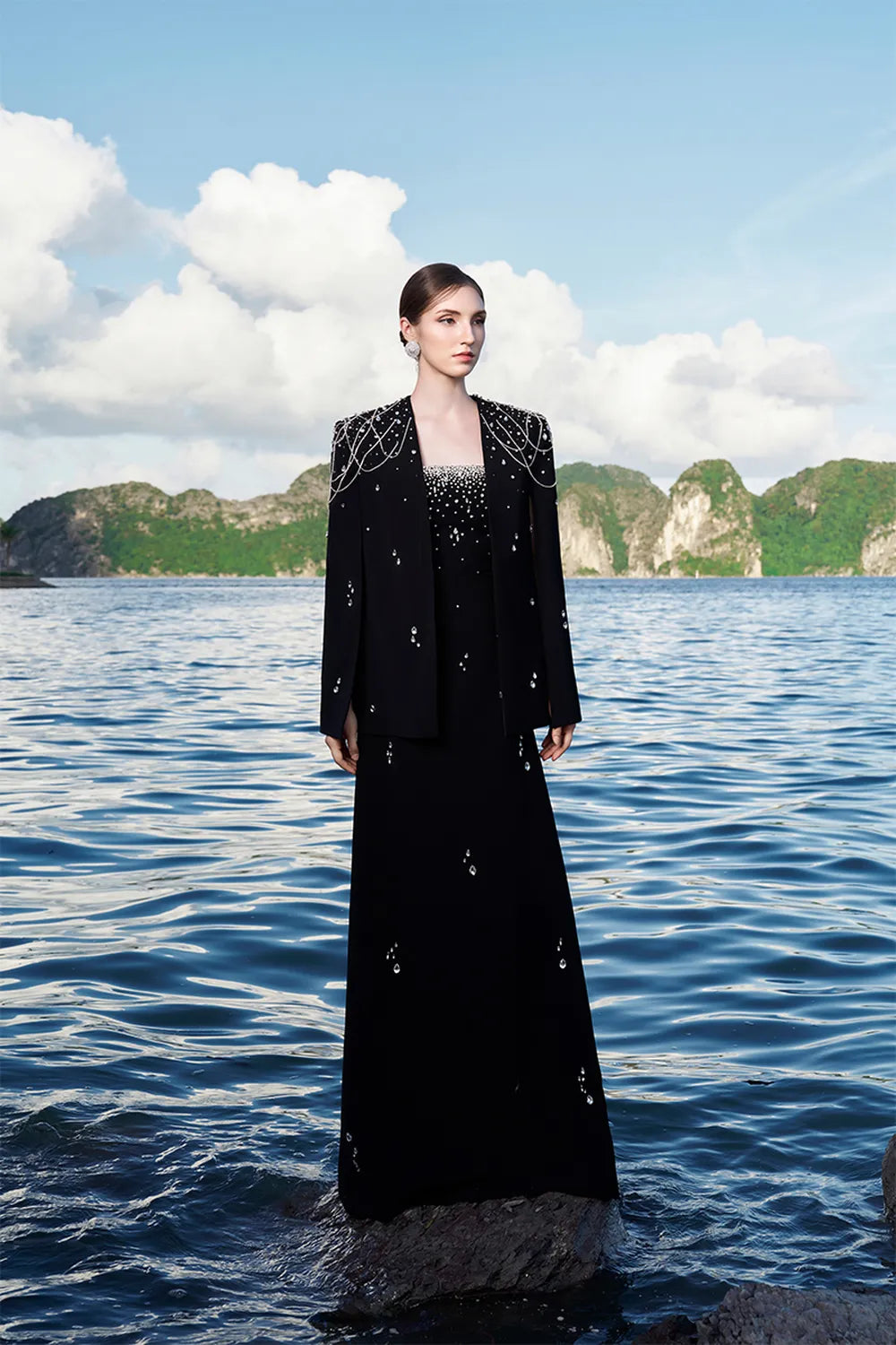 Crystal Strings Cape With Straight Across Crystal Embellished Dress Set