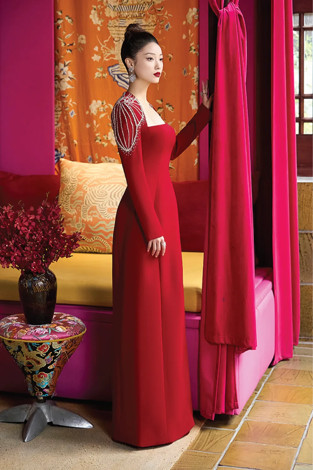 Square Neck Crystal Embellished Shoulder Dress