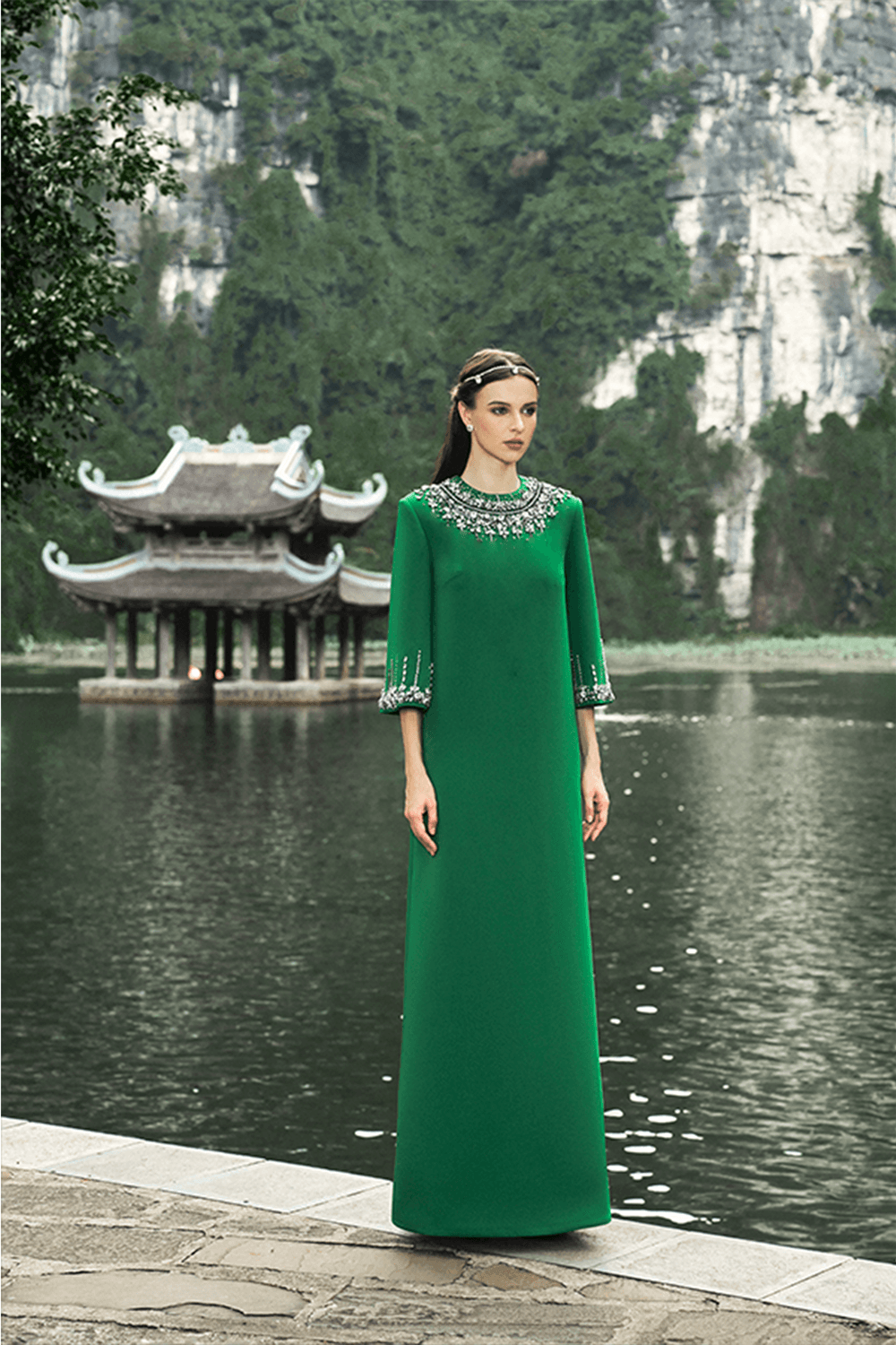 Middle Sleeve Stone Embellished Dress