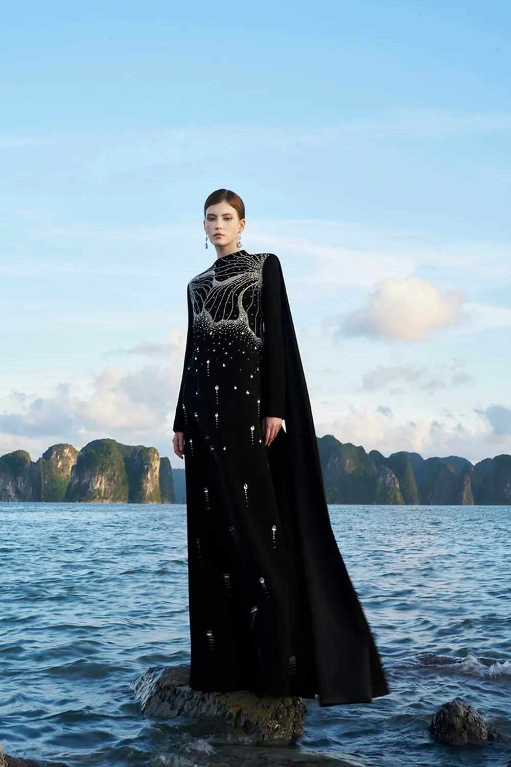 Floral Crystal Embellished Long Back Flap Dress