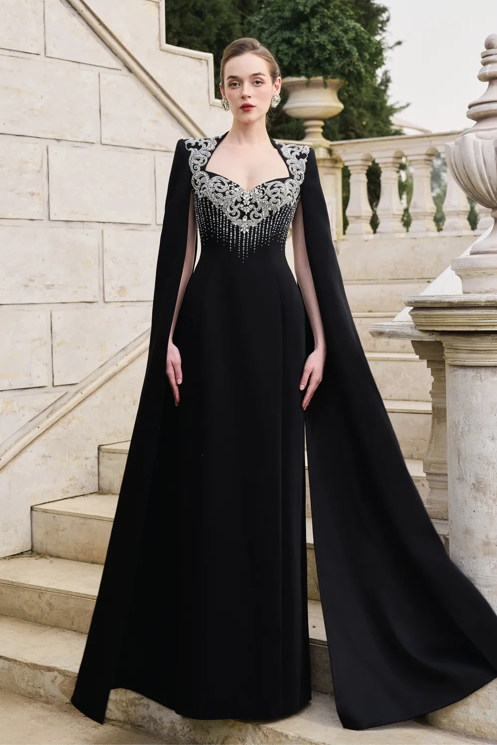 Long Flowy Sleeves Cape Crystal-Embellished Dress
