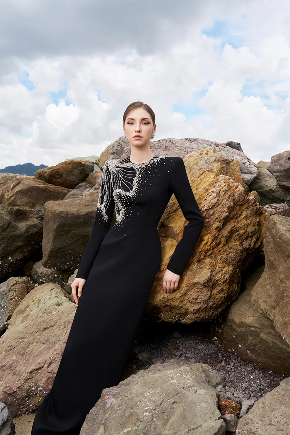 One Side Floral Crystal Embellishment Long Sleeves Dress