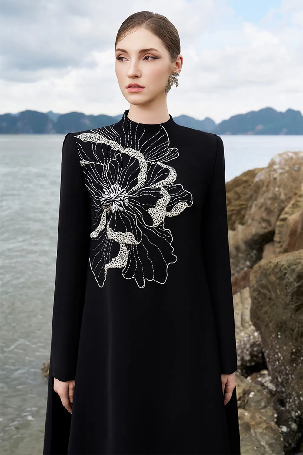 High Neck Long Back Flap Dress