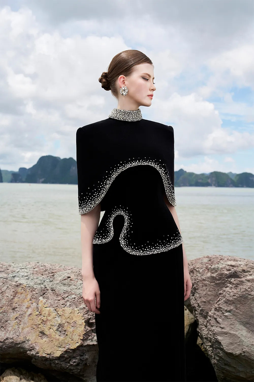 High Neck Curved Cape With Wavy Crystal Embellished Line Dress Set