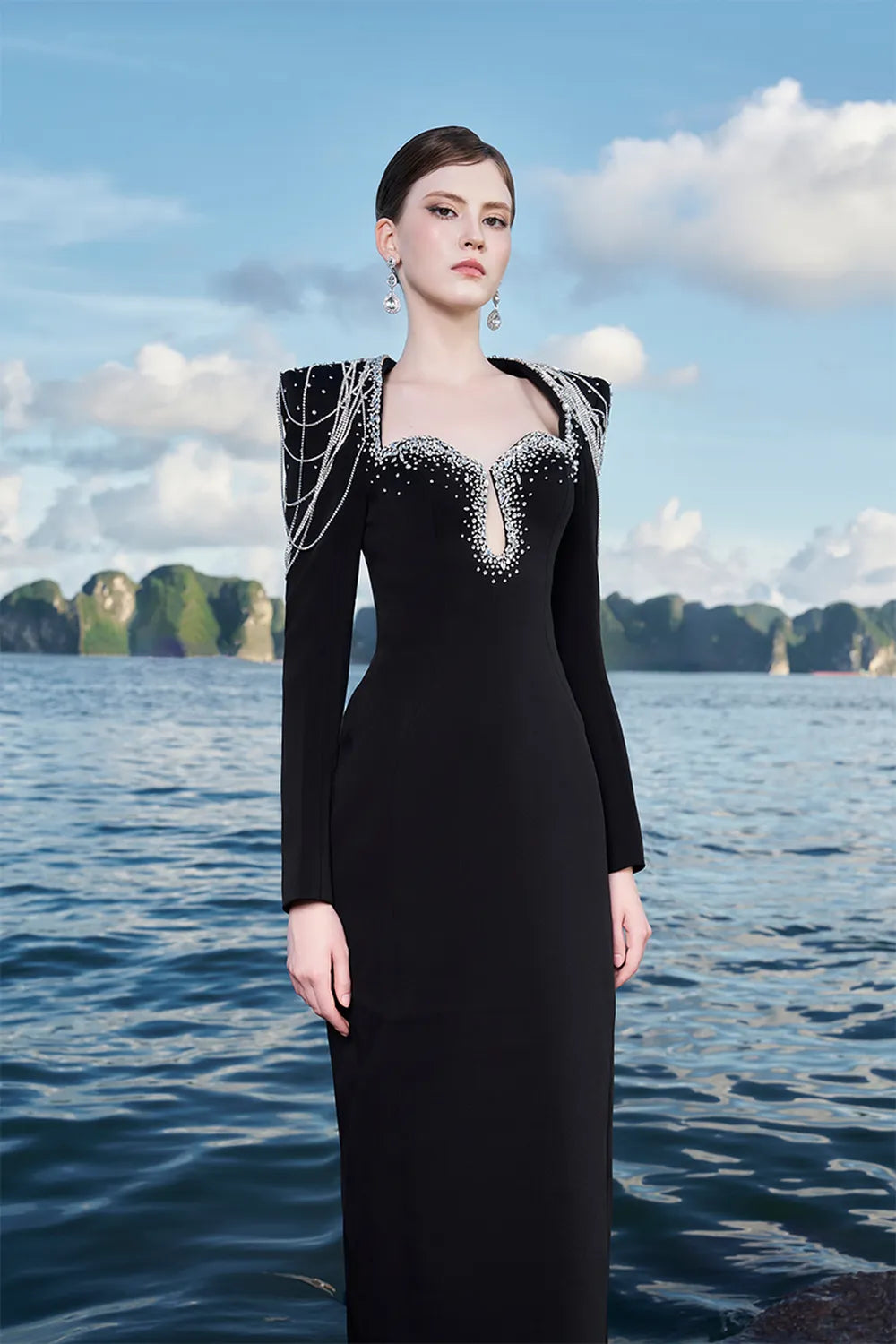 long sleeve straight dress Classic Long Sleeve Dress, Bias-Cut Satin M / Off White