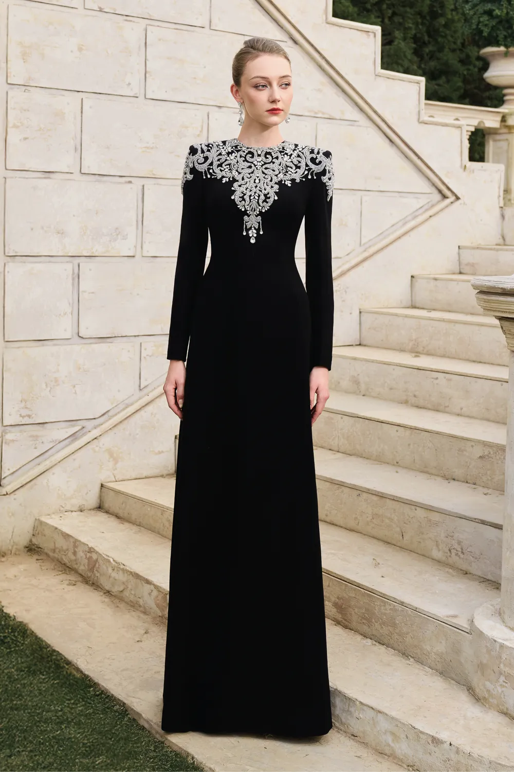 Crystal-Embellished Long Sleeve Dress