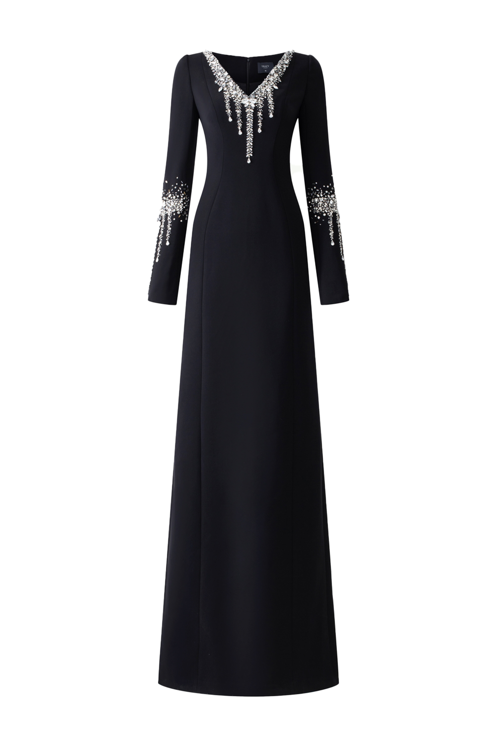 V-Neck Back Slit Dress With Stone Embellishments - TRACY COUTURE