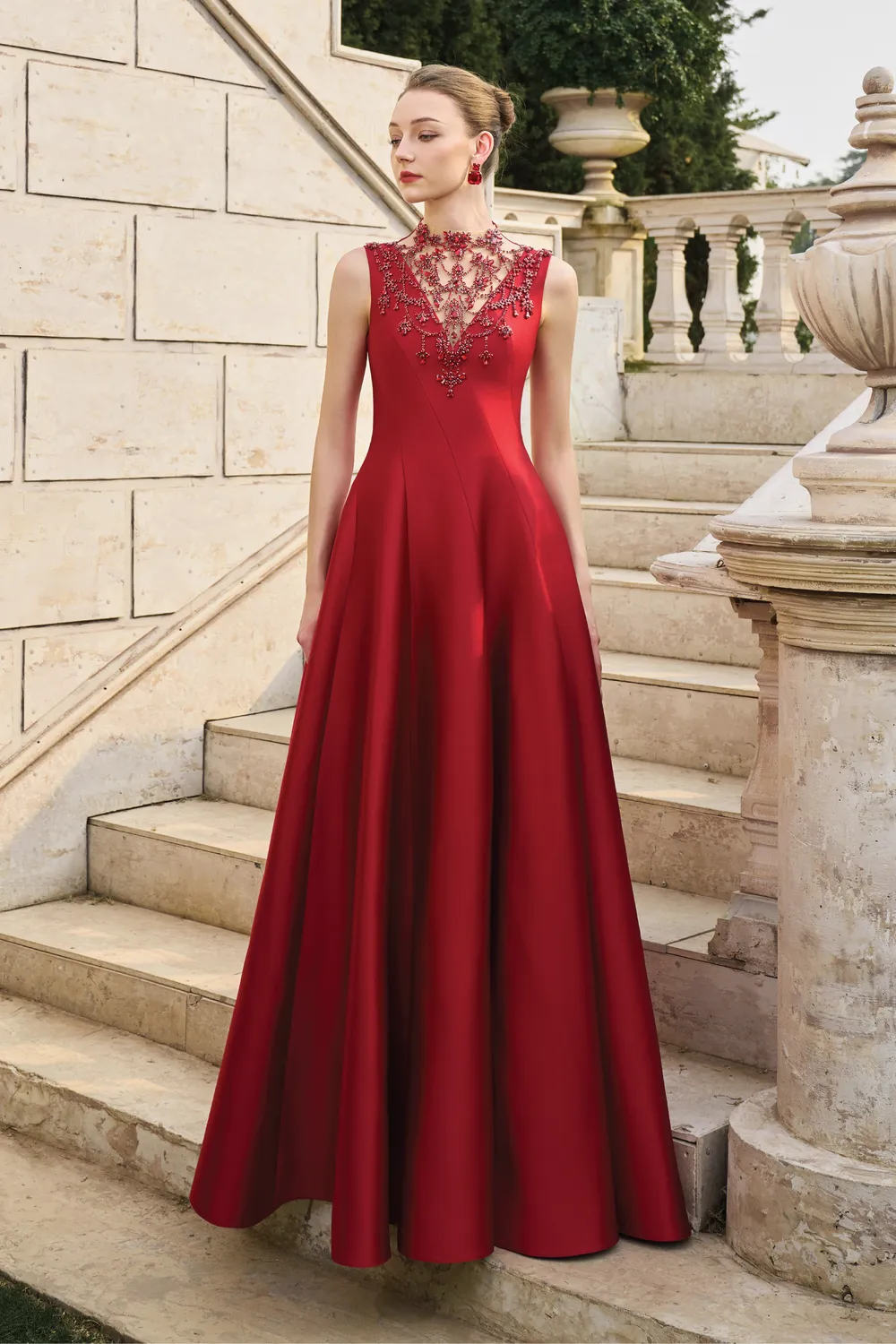 See-Through Neck Crystal-Embellished Draped Dress