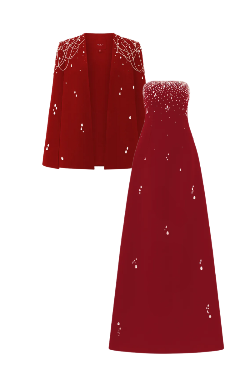 Crystal Strings Cape With Straight Across Crystal Embellished Dress Set