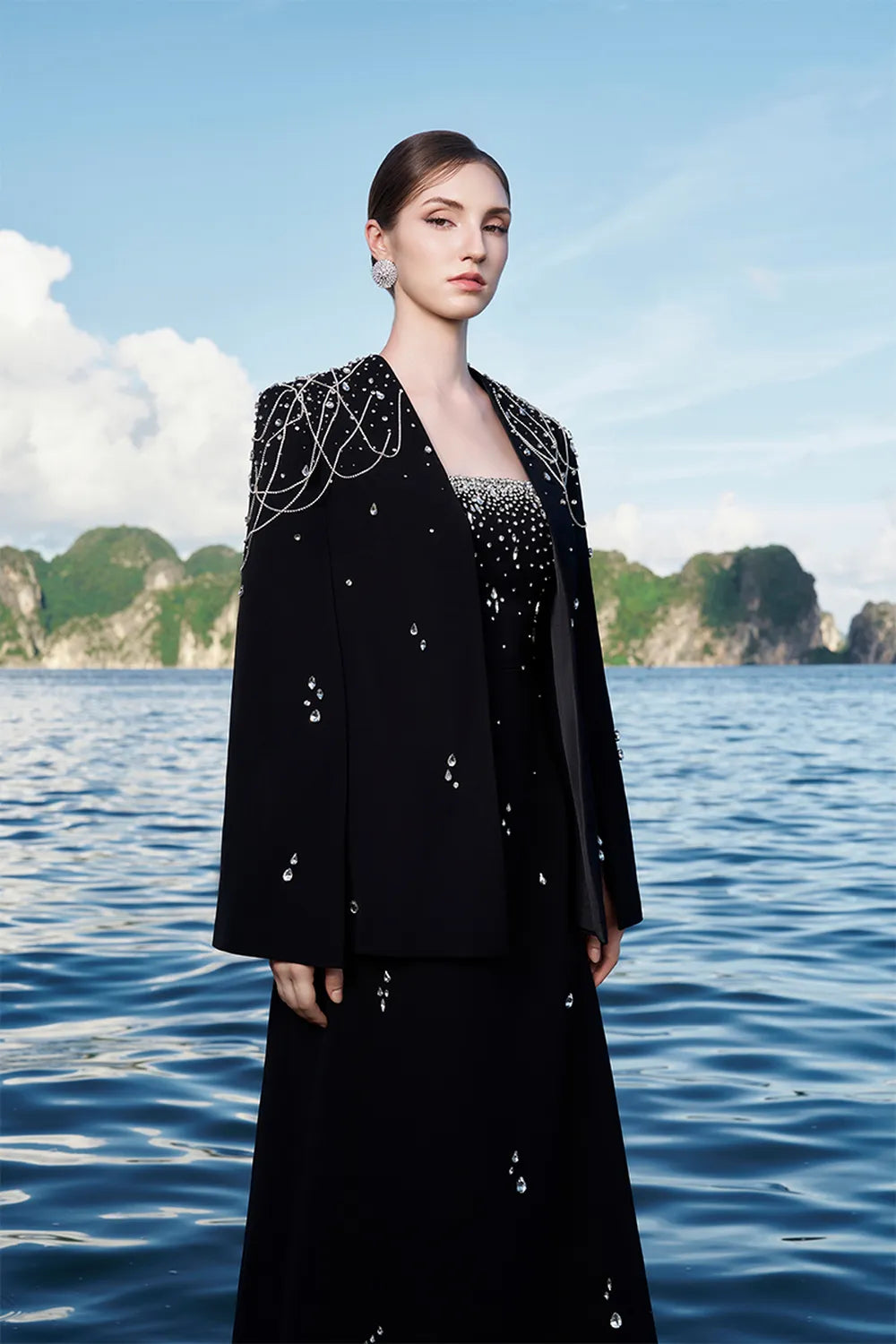 Crystal Strings Cape With Straight Across Crystal Embellished Dress Set