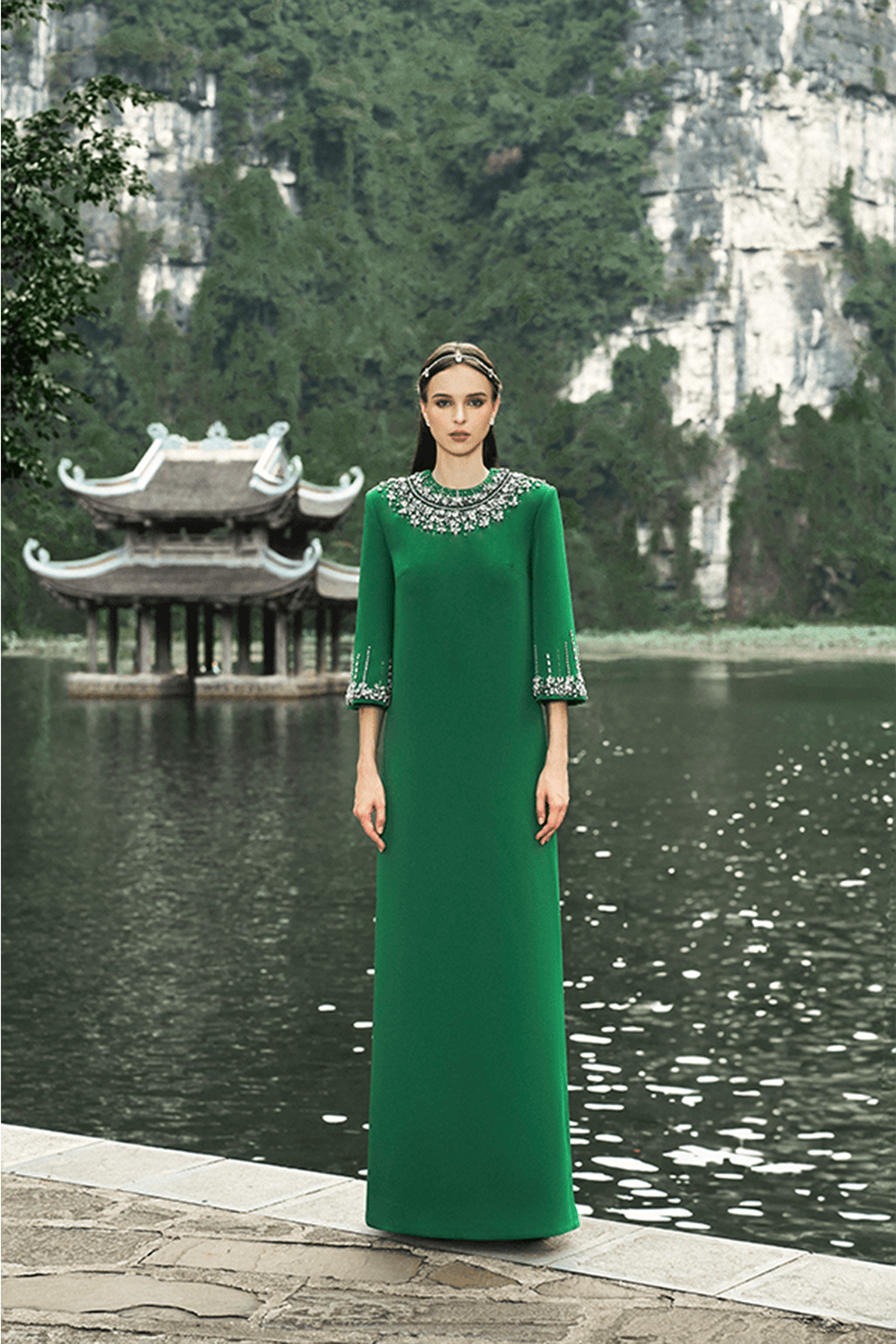 Middle Sleeve Stone Embellished Dress