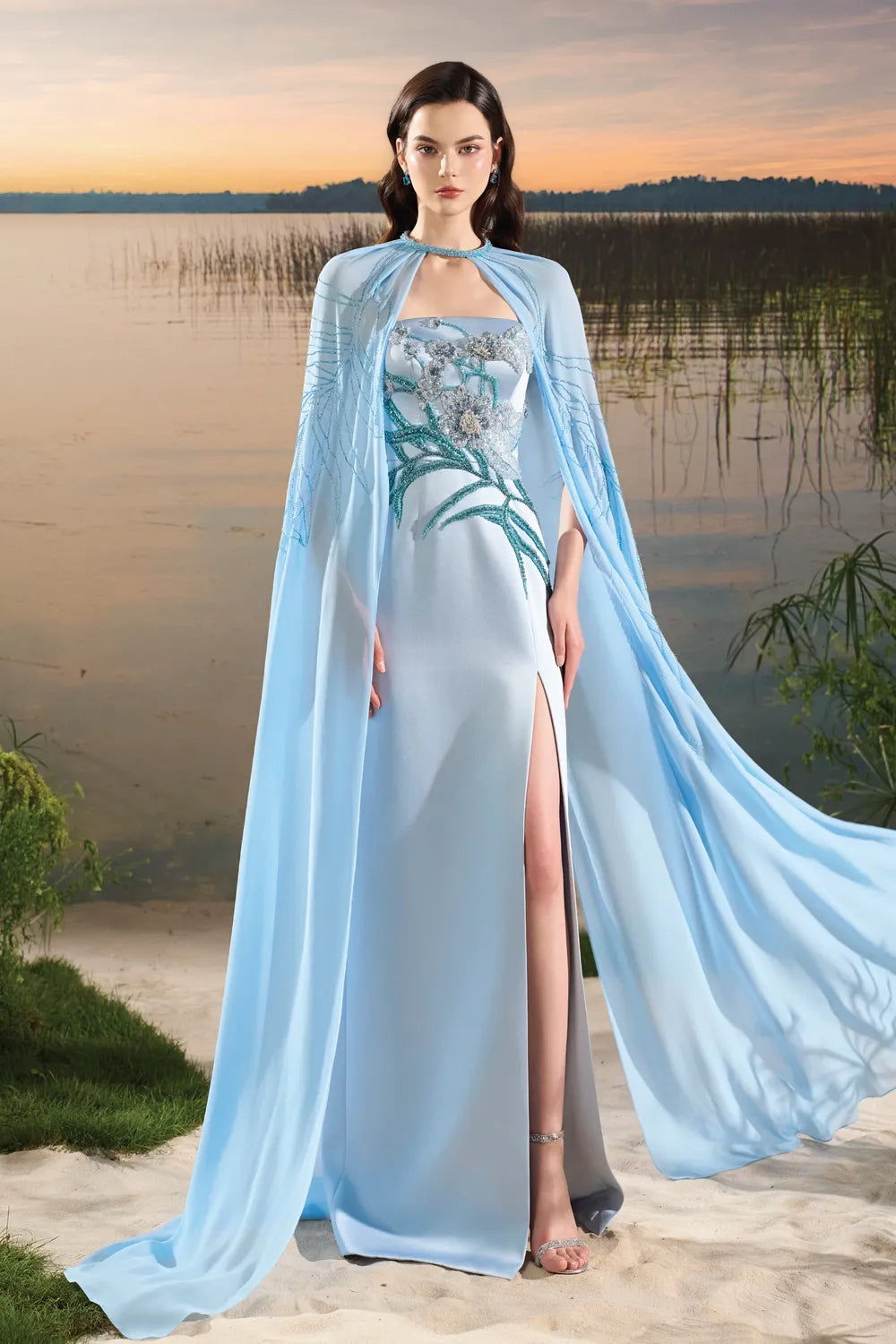 Flowing Cape With Strapless Dress Set - TRACY COUTURE
