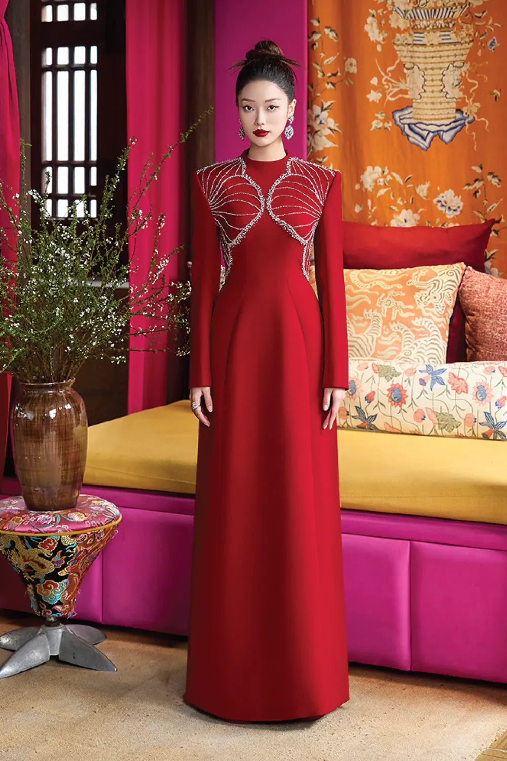 High Neck Double Orchid Crystal Embellished Dress