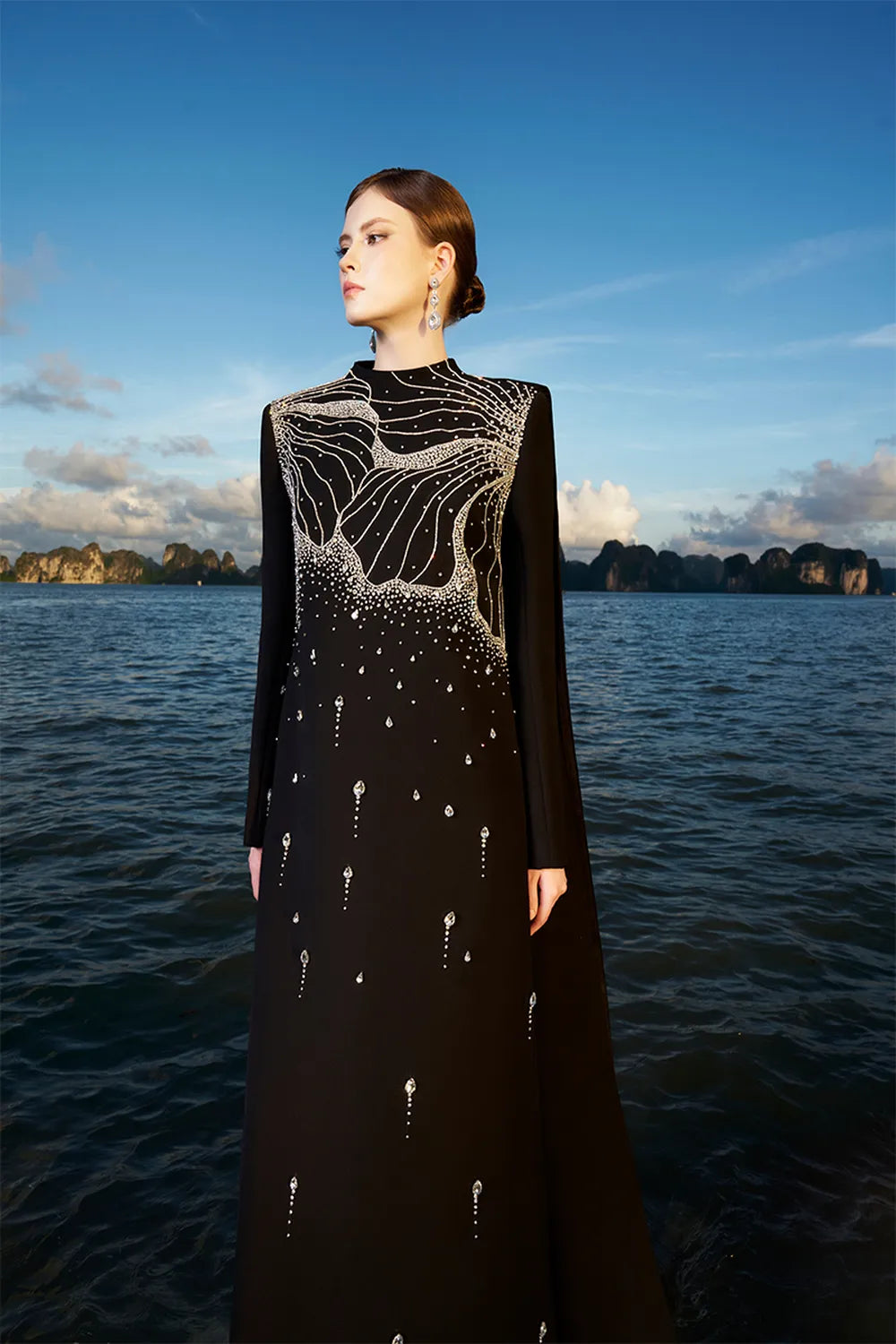 Floral Crystal Embellished Long Back Flap Dress