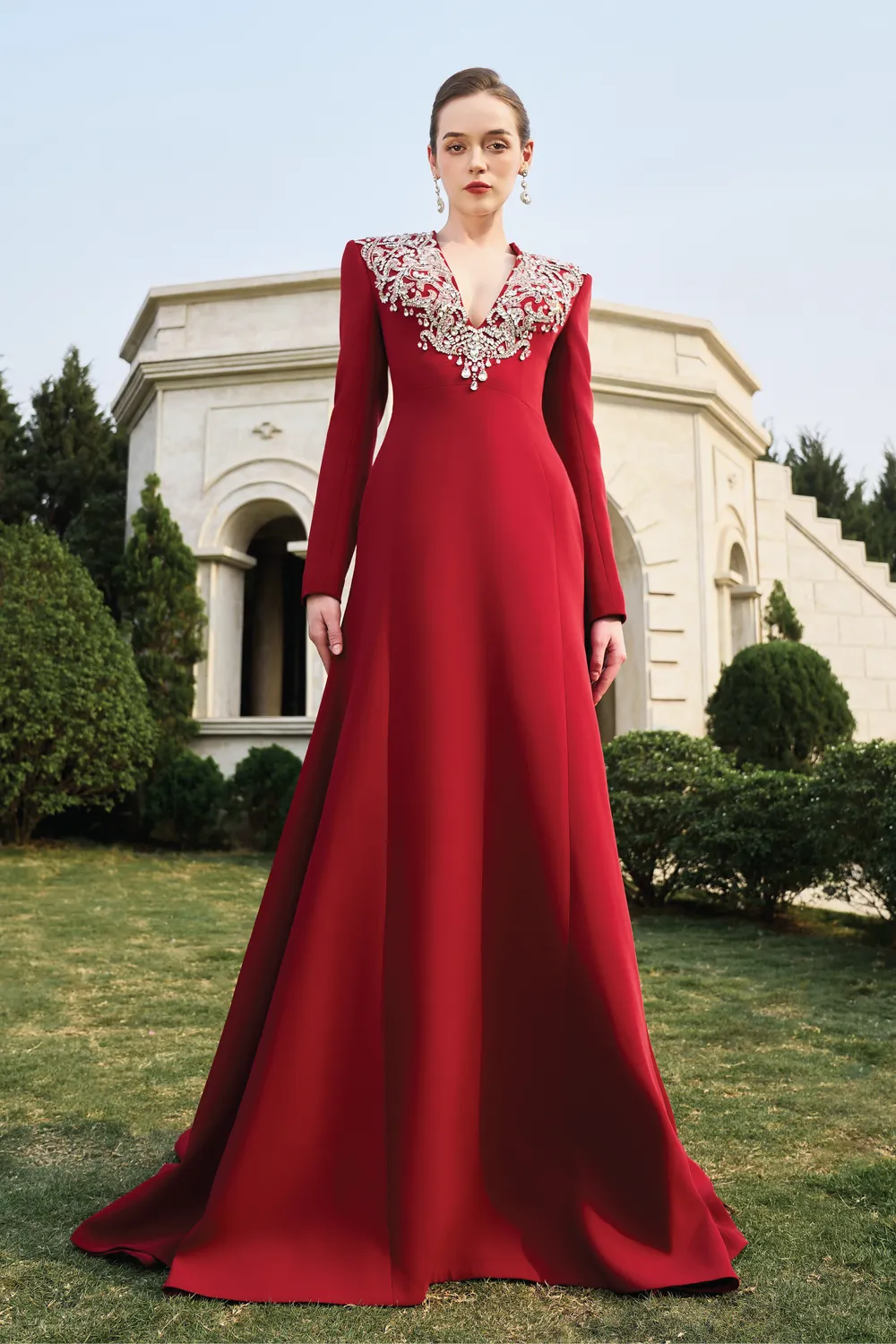 V-Crystal Embellished Flared A-Line Dress