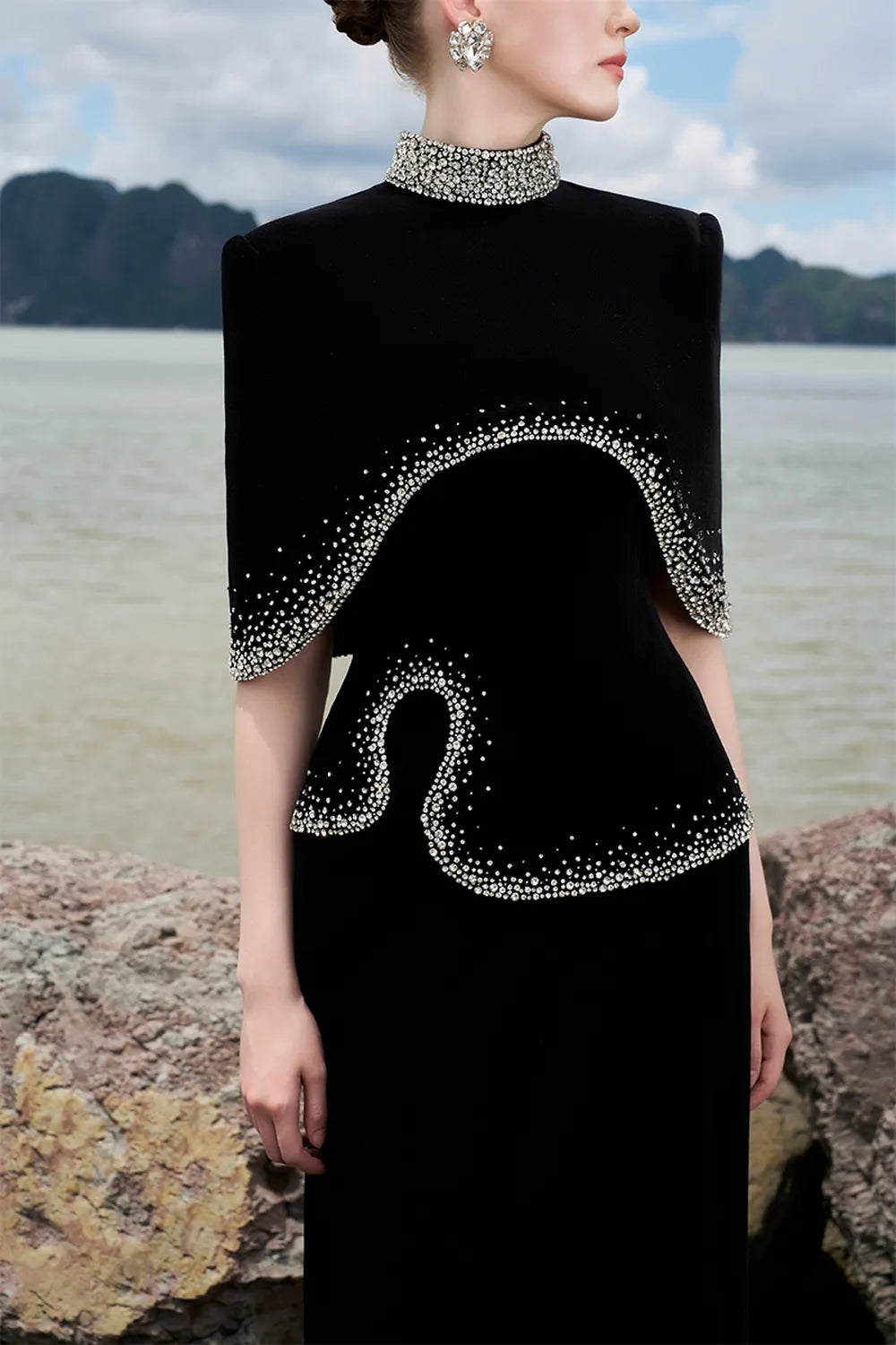 High Neck Curved Cape With Wavy Crystal Embellished Line Dress Set