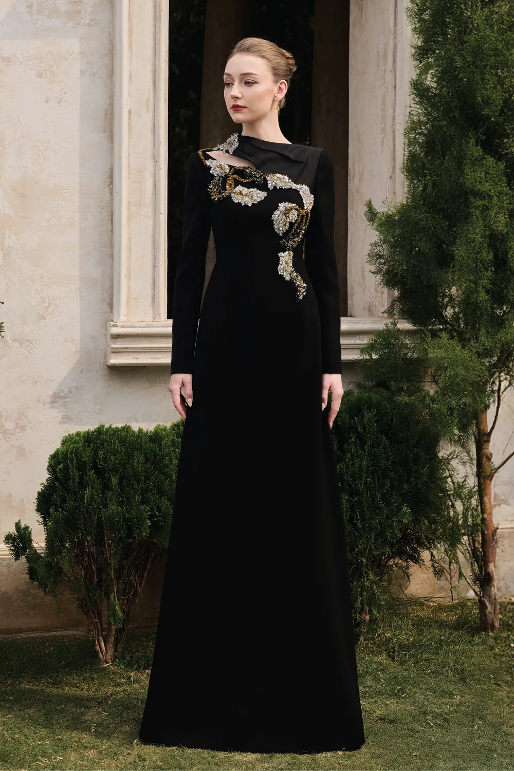 Diagonal Neck With Floral-Embellished Dress