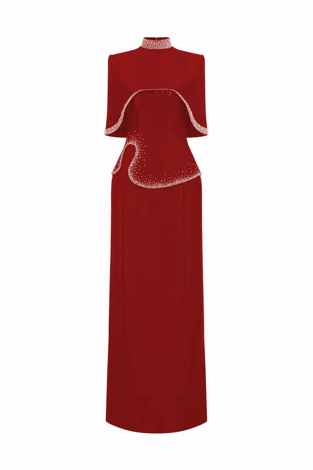 High Neck Curved Cape With Wavy Crystal Embellished Line Dress Set