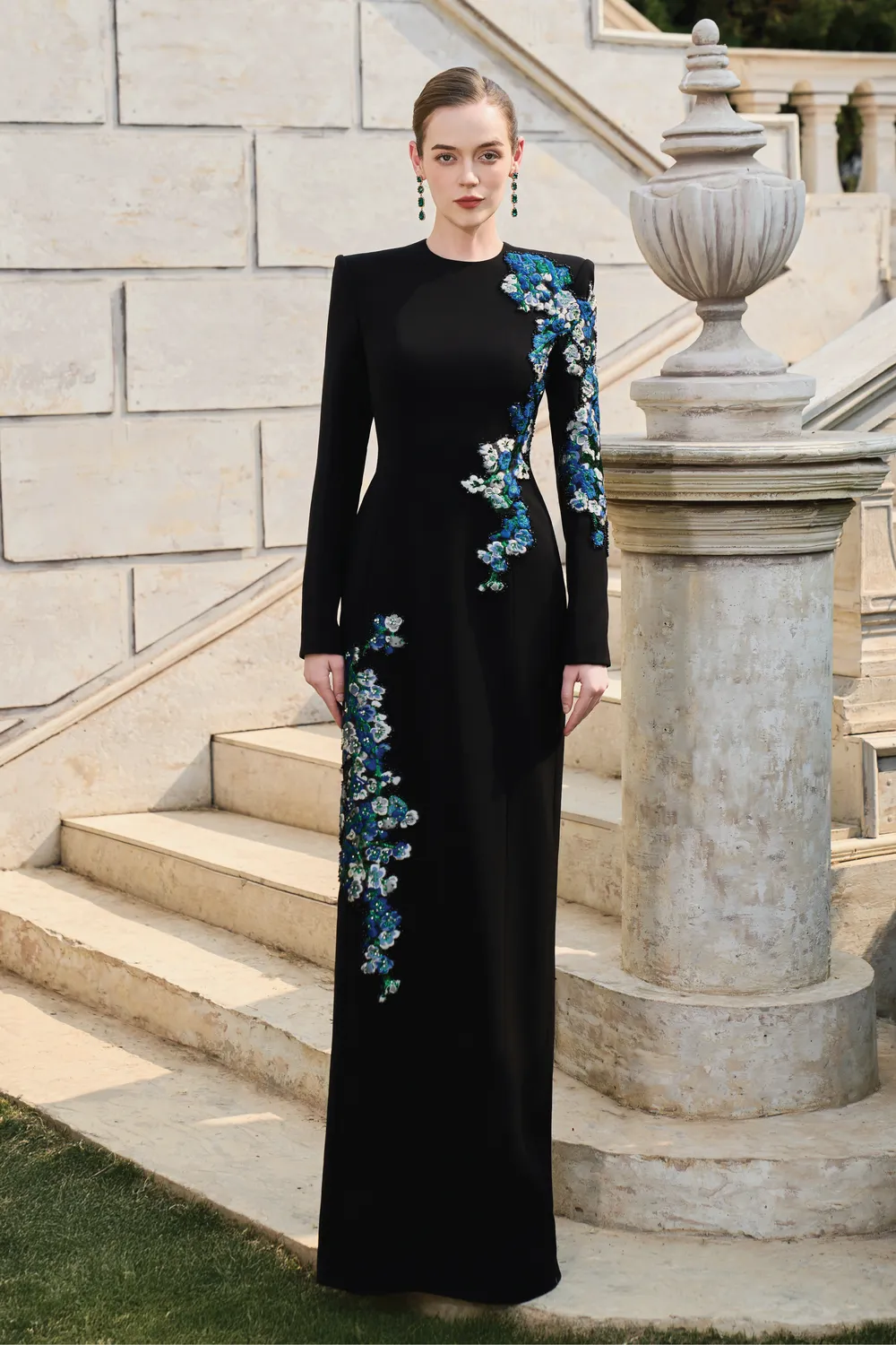 Boat Neck Floral Embroidered A-Line Dress