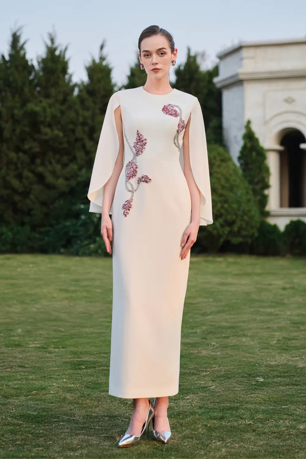 Wavy Cape Sleeve With Symmetric Crystal-Embellished Midi Dress