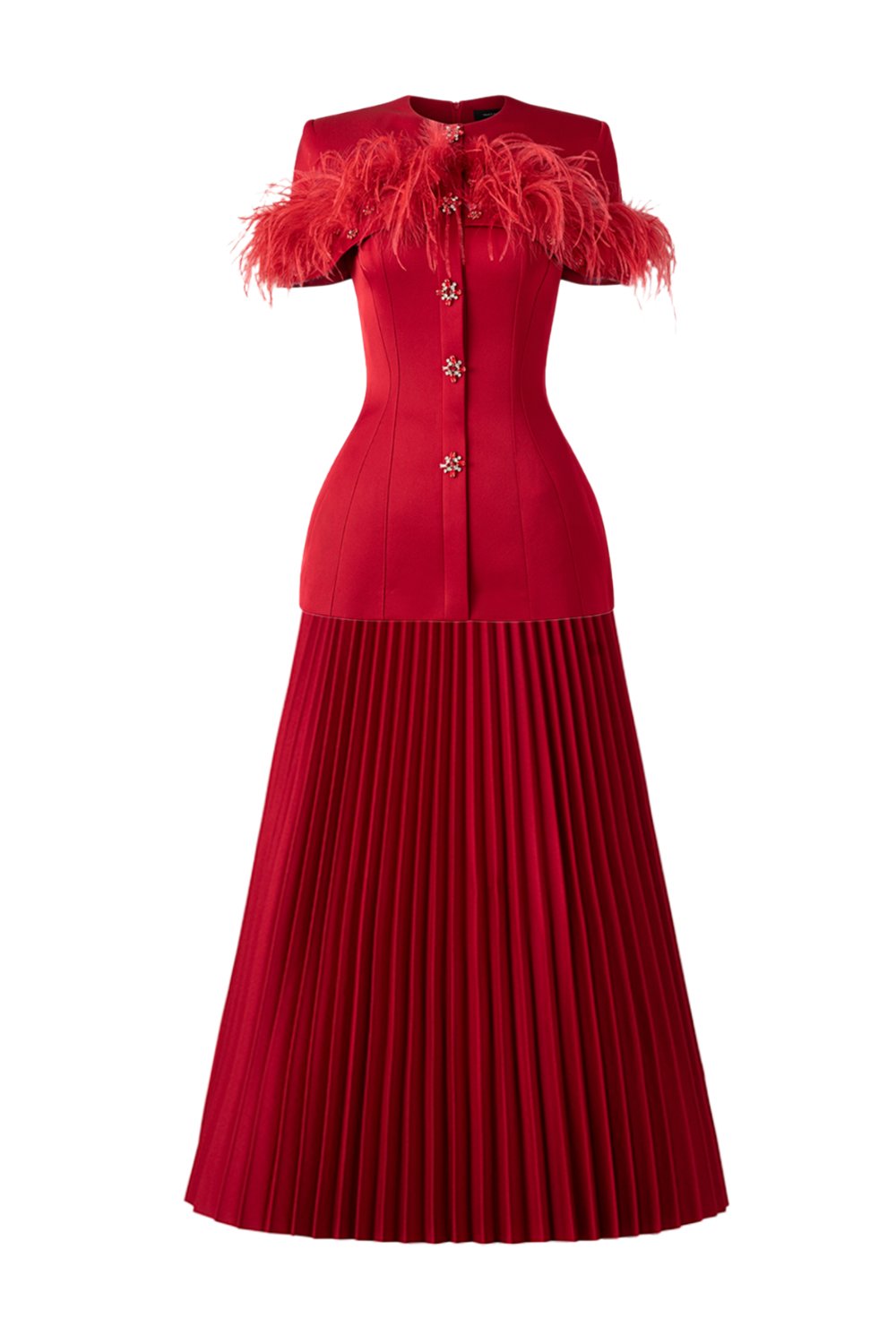 Feather Embellished Short Sleeve Blazer With Pleated Ankle Skirt Set