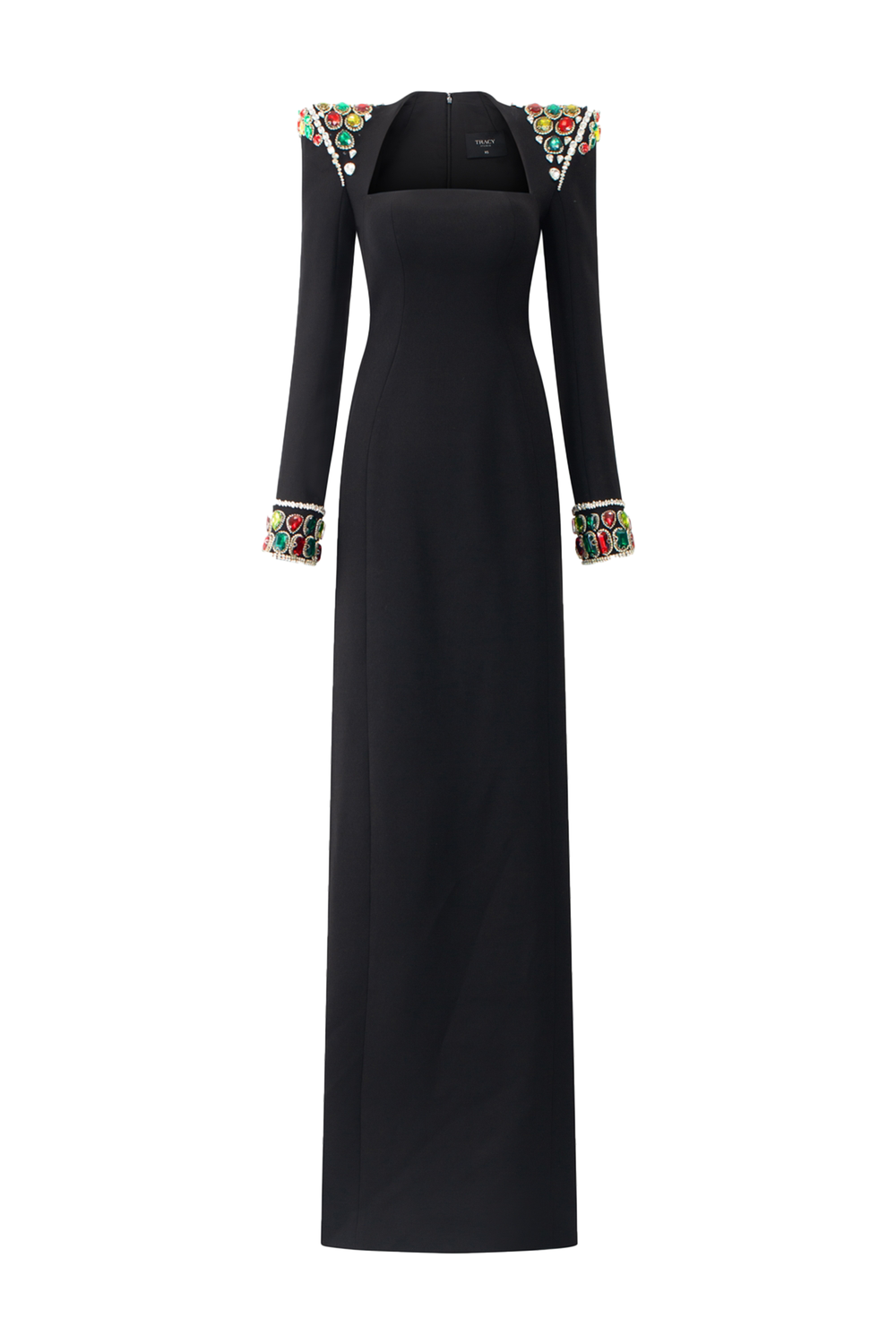 Long Sleeve Stone Embellished Shoulder Dress - TRACY COUTURE