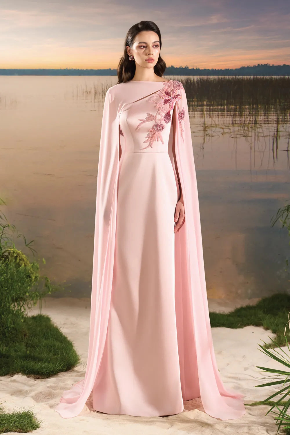 Diagonal Floral Embellished Long Back Flap Dress - TRACY COUTURE