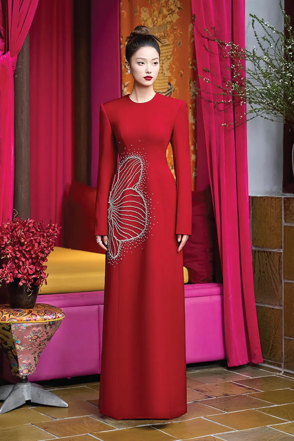 Round Neck Single Orchid Crystal Embellished Dress