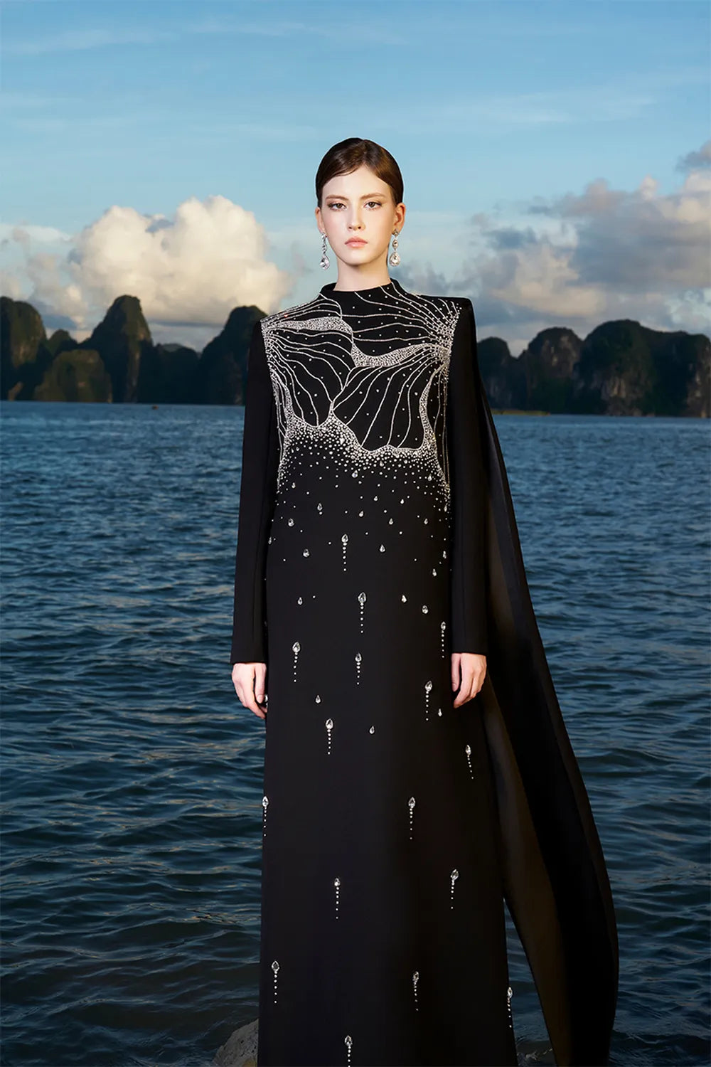 Floral Crystal Embellished Long Back Flap Dress