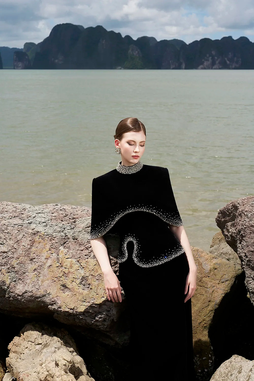 High Neck Curved Cape With Wavy Crystal Embellished Line Dress Set