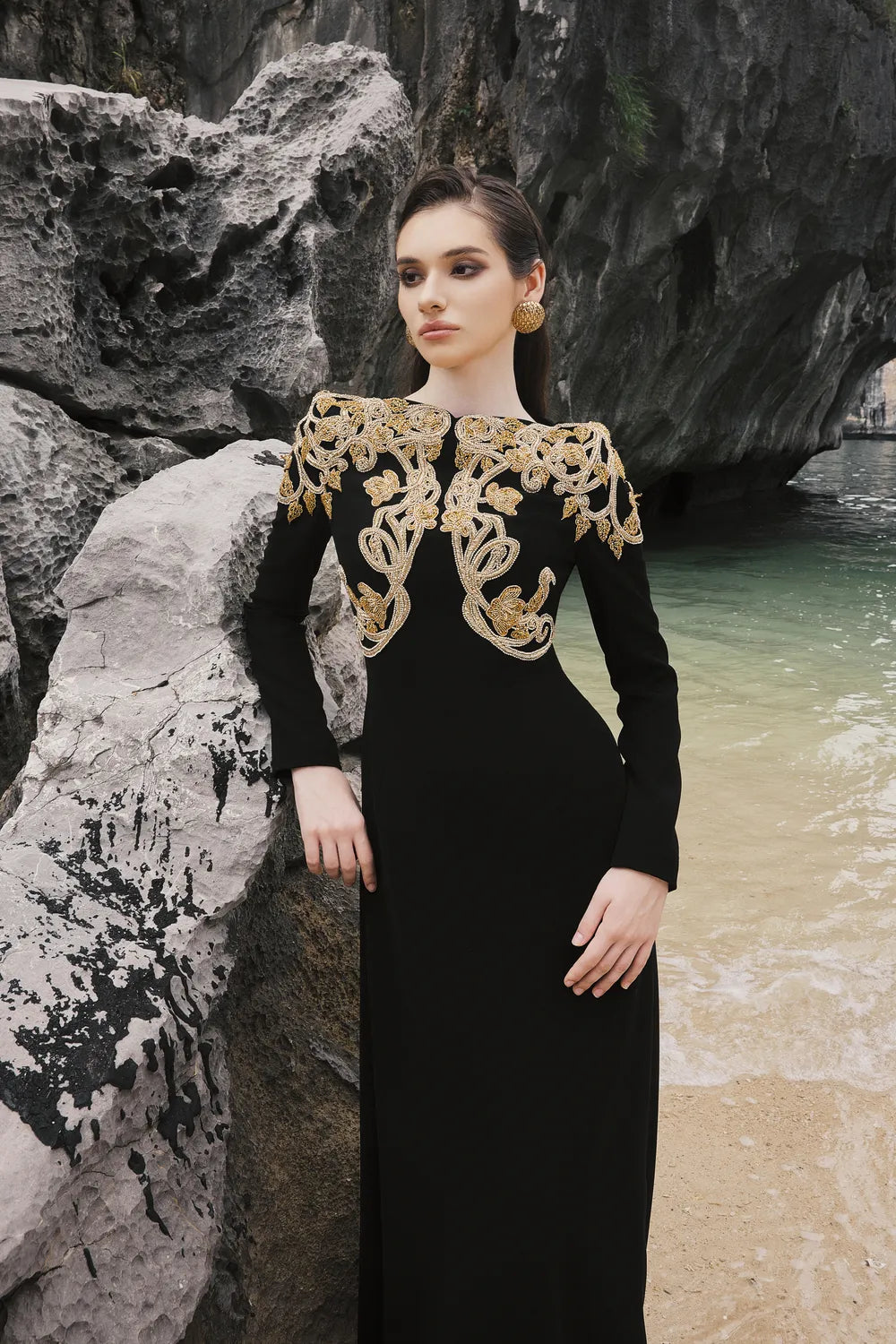 Boat Neck Symmetric Embellished Dress