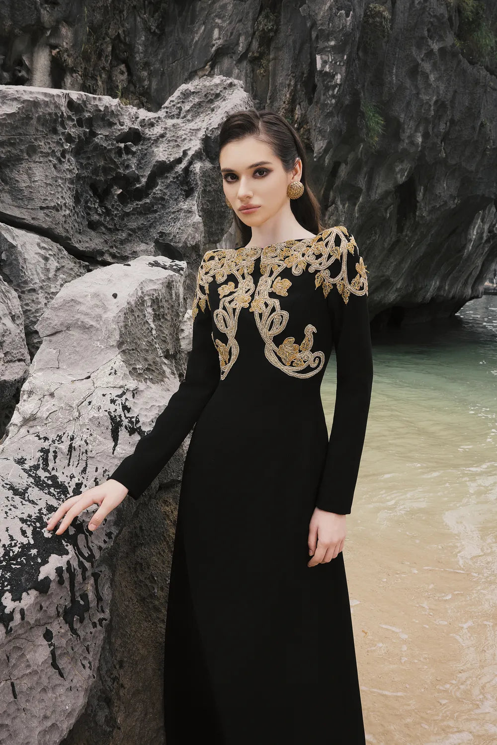 Boat Neck Symmetric Embellished Dress