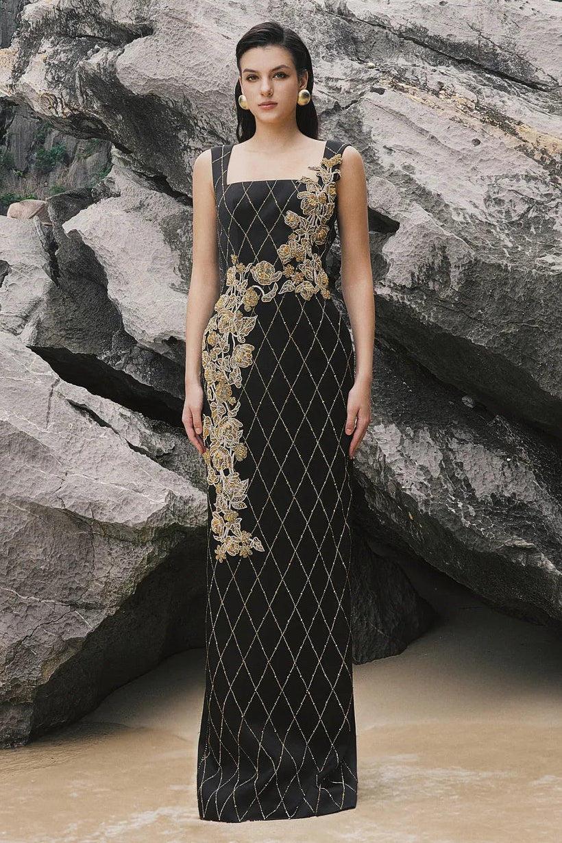 Strappy Fish Net Crystalline Straight Dress - TRACY COUTURE