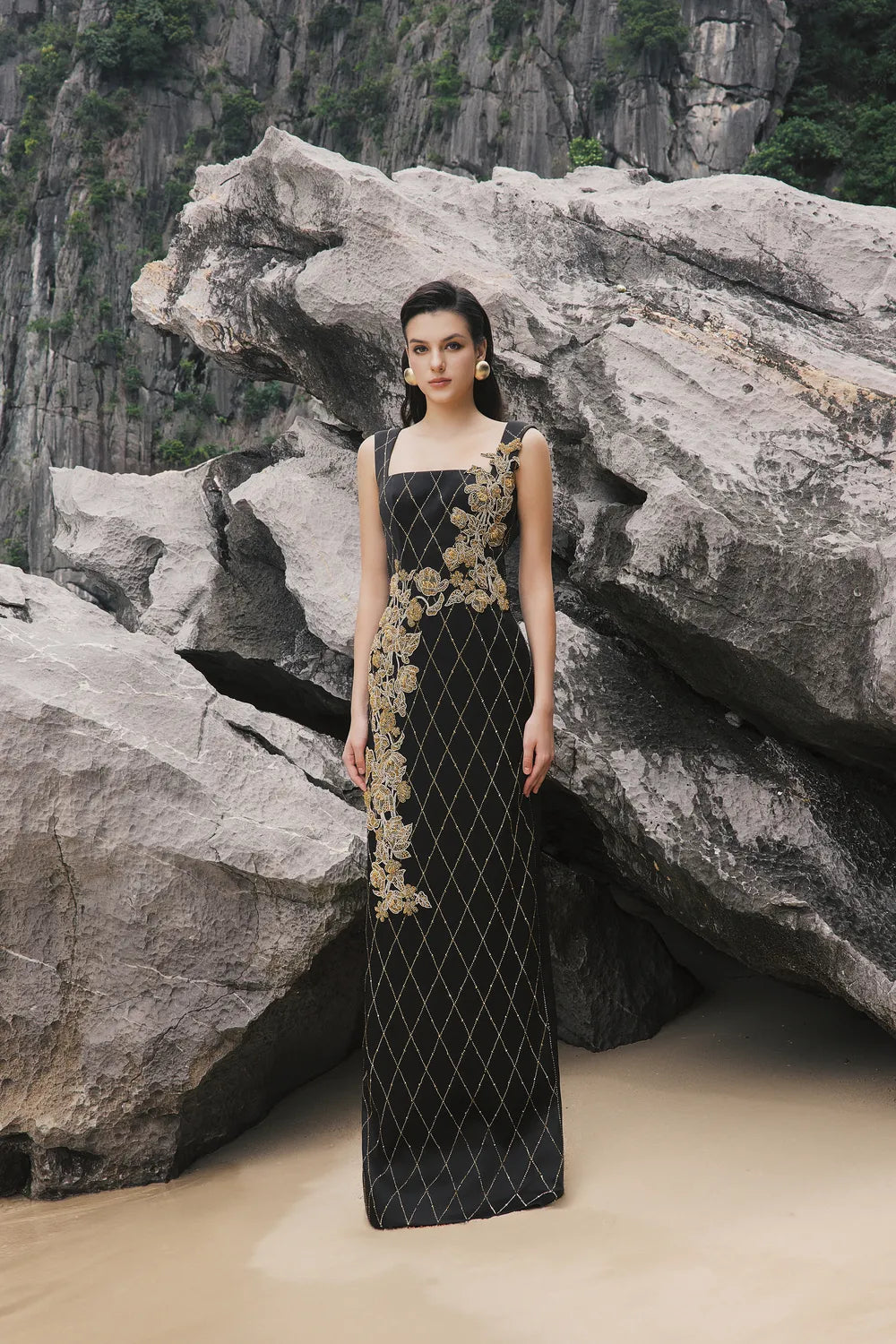 Strappy Fish Net Crystalline Straight Dress - TRACY COUTURE