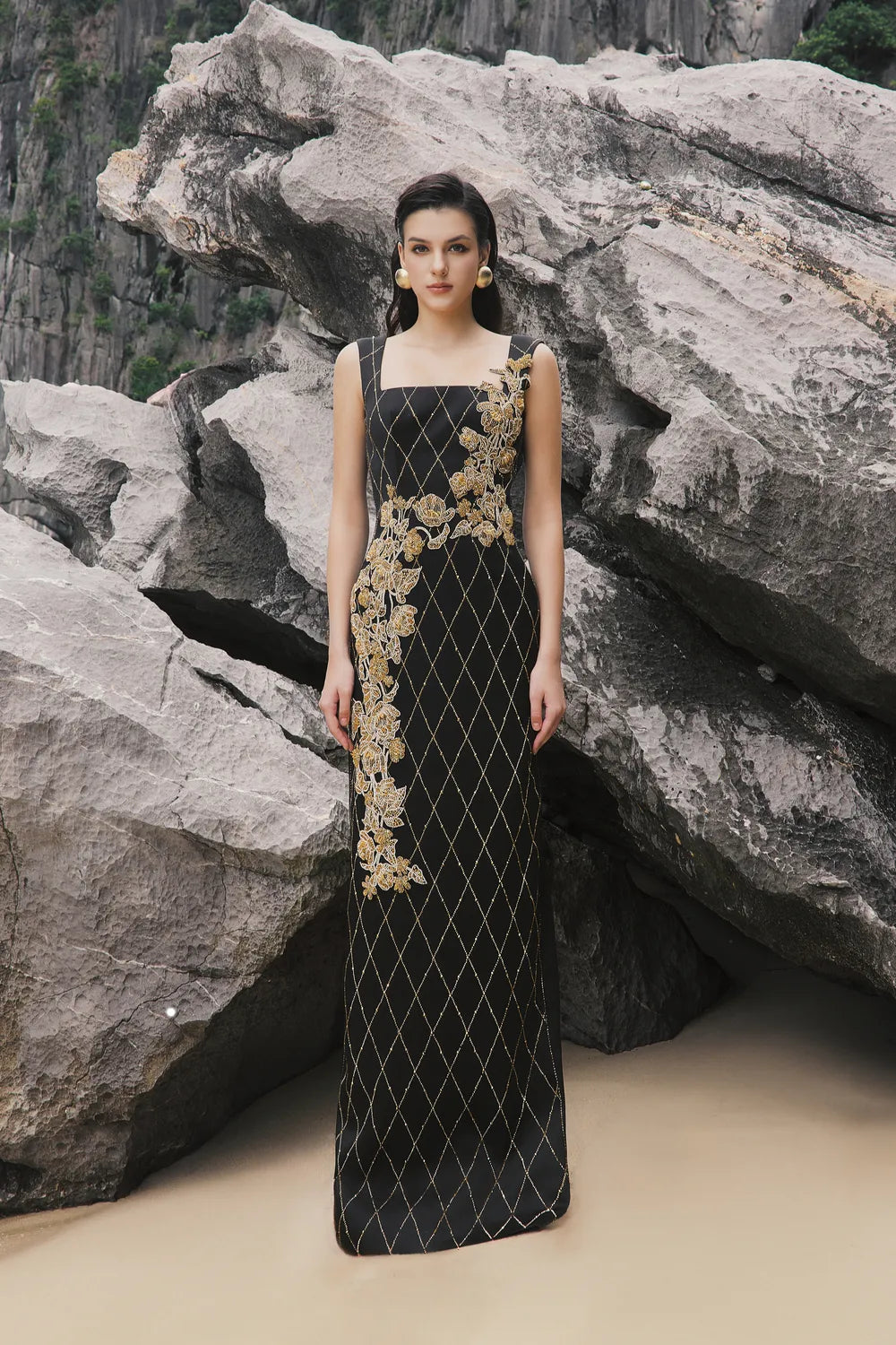 Strappy Fish Net Crystalline Straight Dress - TRACY COUTURE