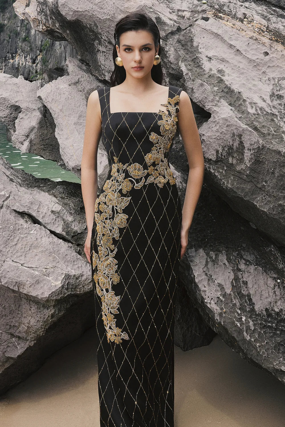 Strappy Fish Net Crystalline Straight Dress - TRACY COUTURE