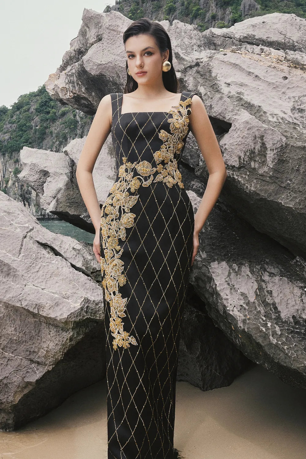 Strappy Fish Net Crystalline Straight Dress - TRACY COUTURE