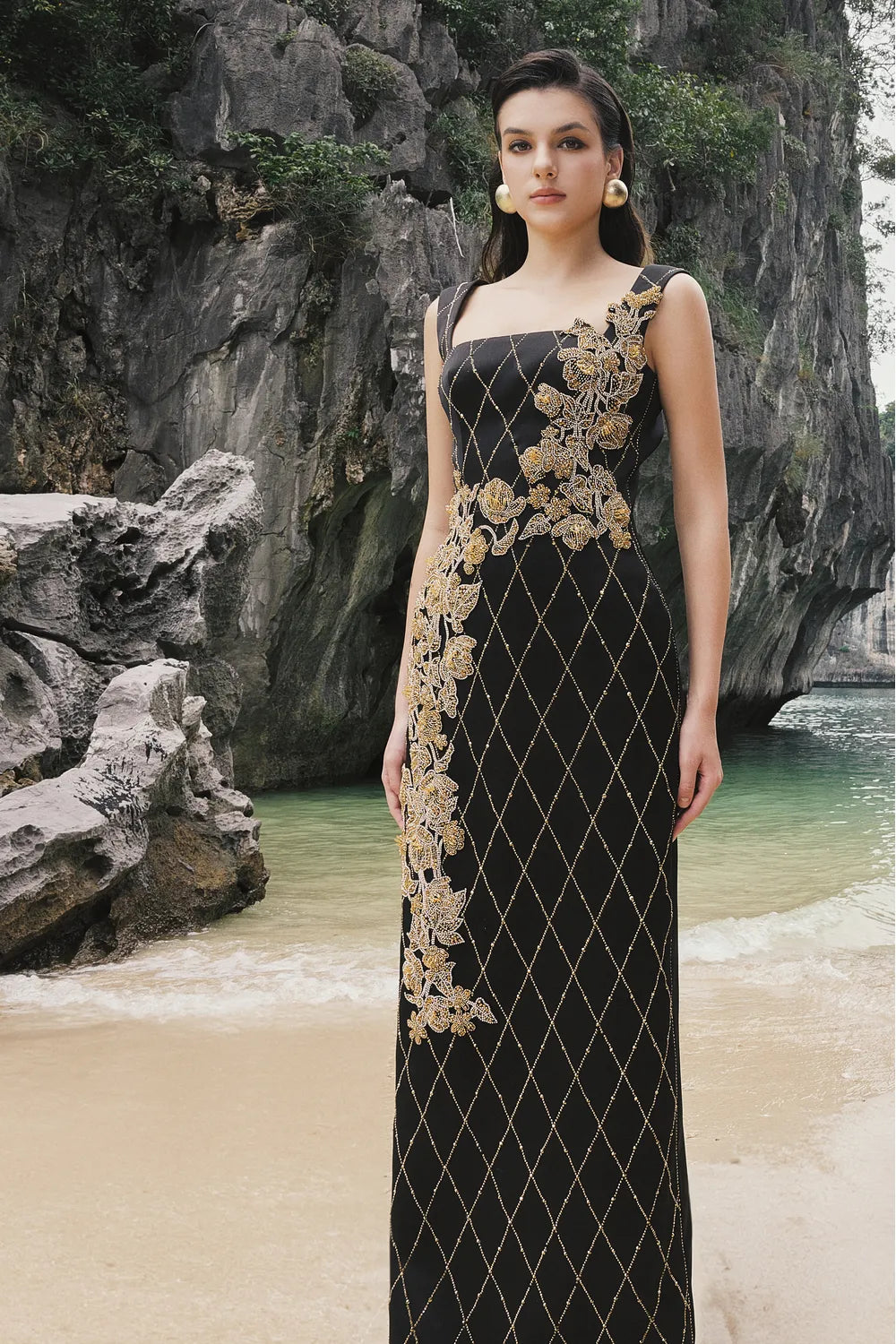 Strappy Fish Net Crystalline Straight Dress - TRACY COUTURE