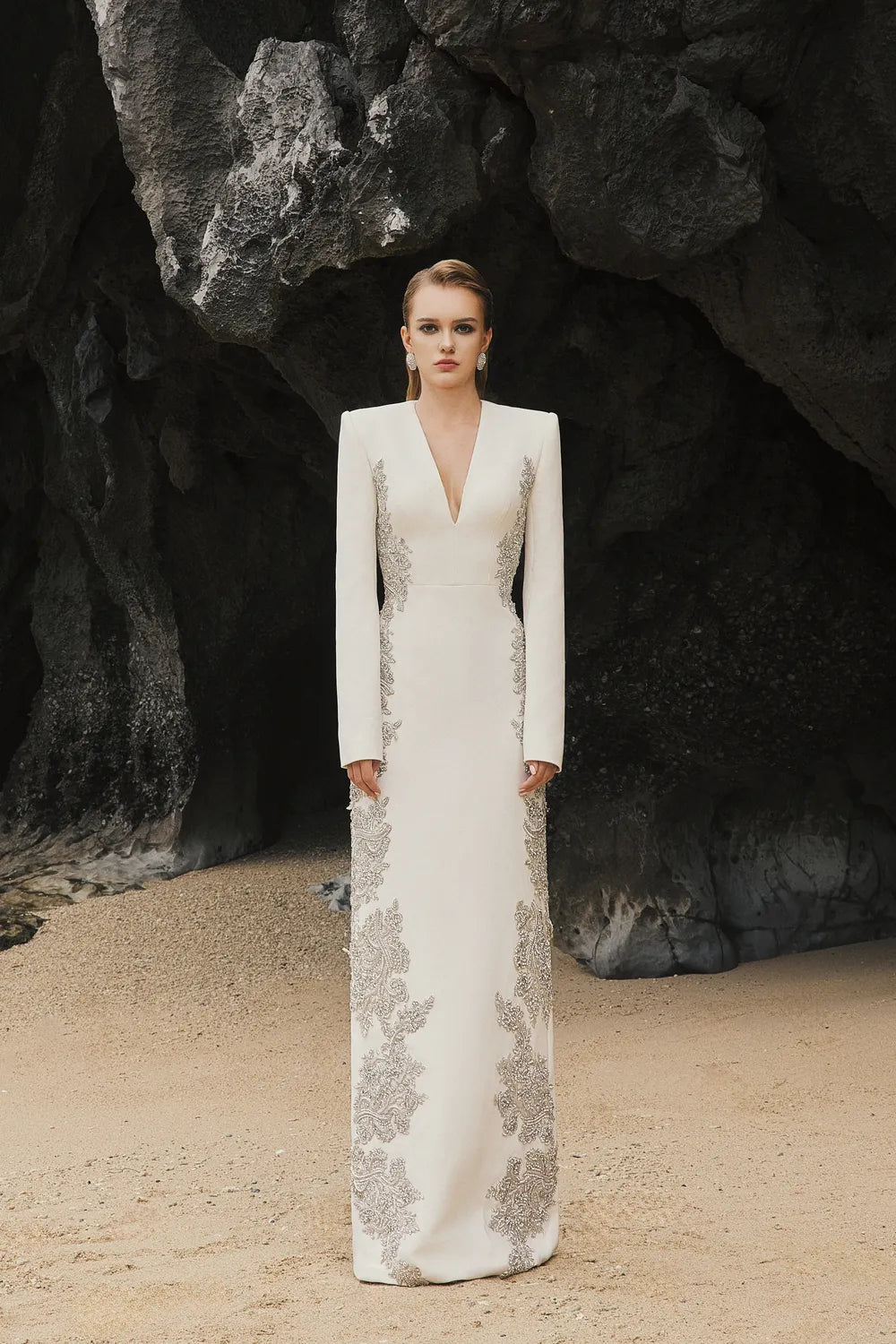 V-Neck Symmetric Sided Crystal Embellished Dress