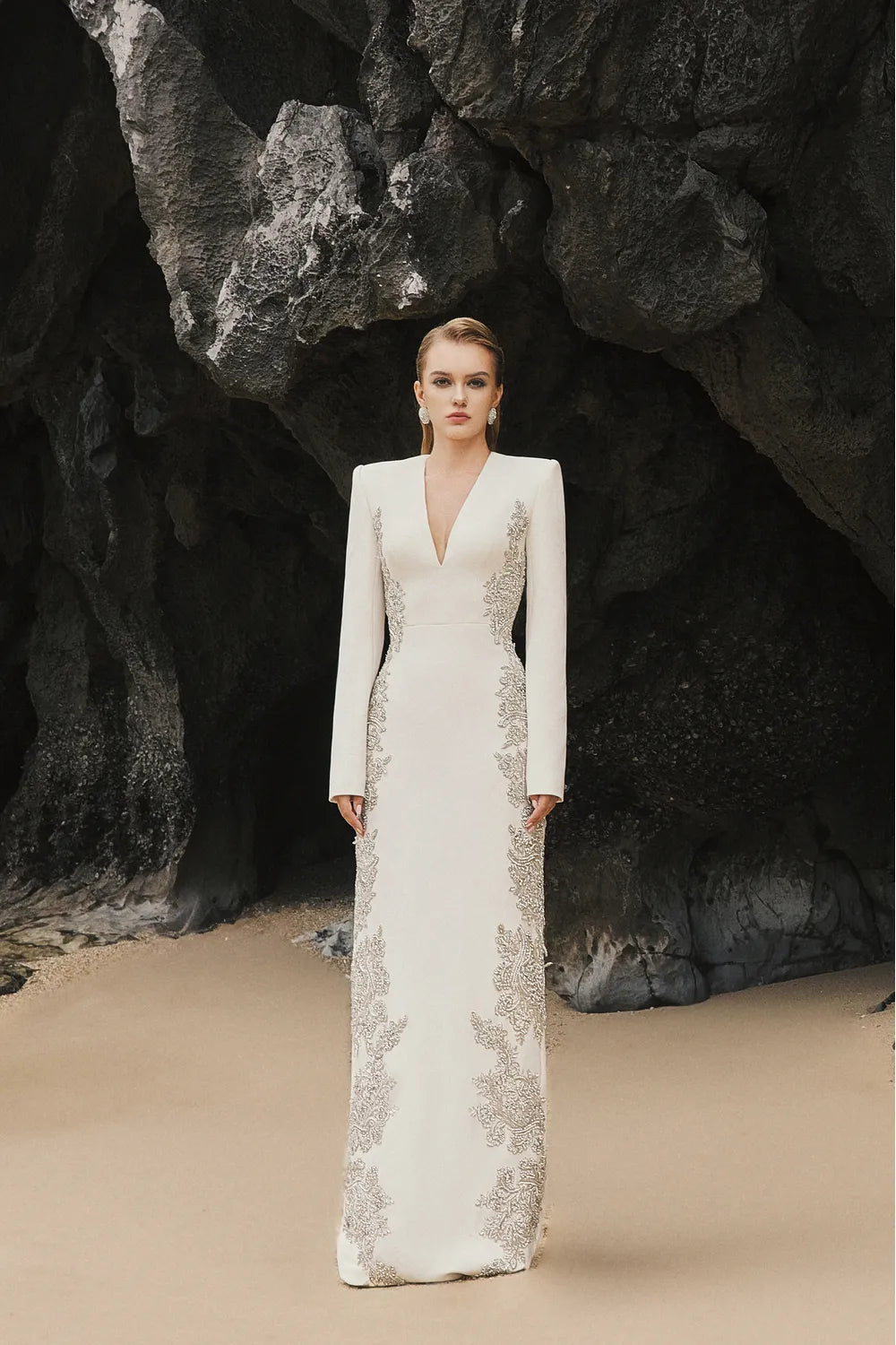 V-Neck Symmetric Sided Crystal Embellished Dress