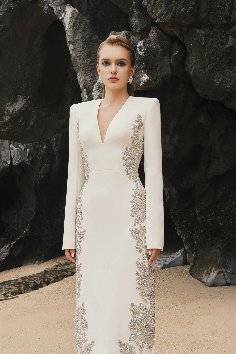 V-Neck Symmetric Sided Crystal Embellished Dress