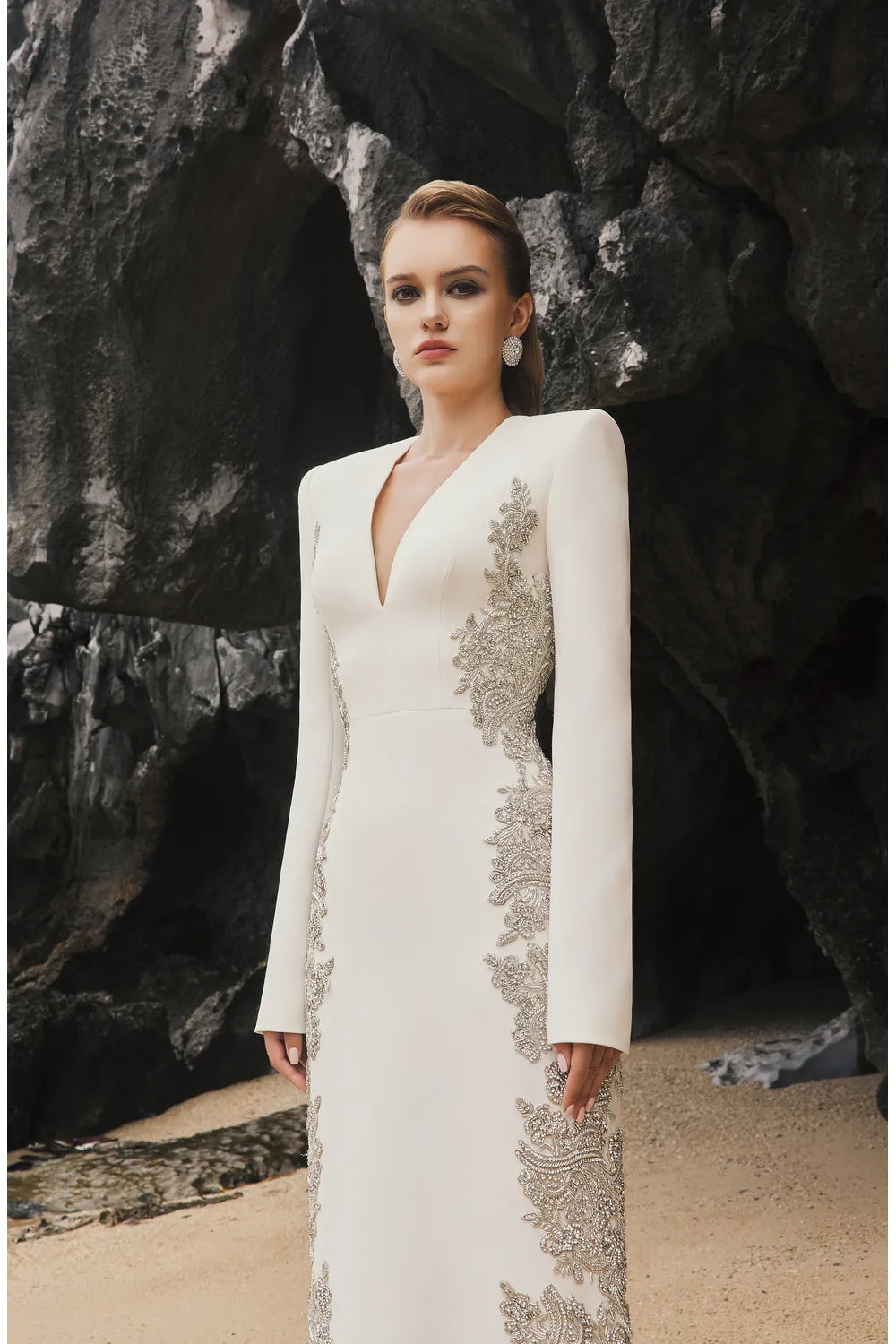 V-Neck Symmetric Sided Crystal Embellished Dress