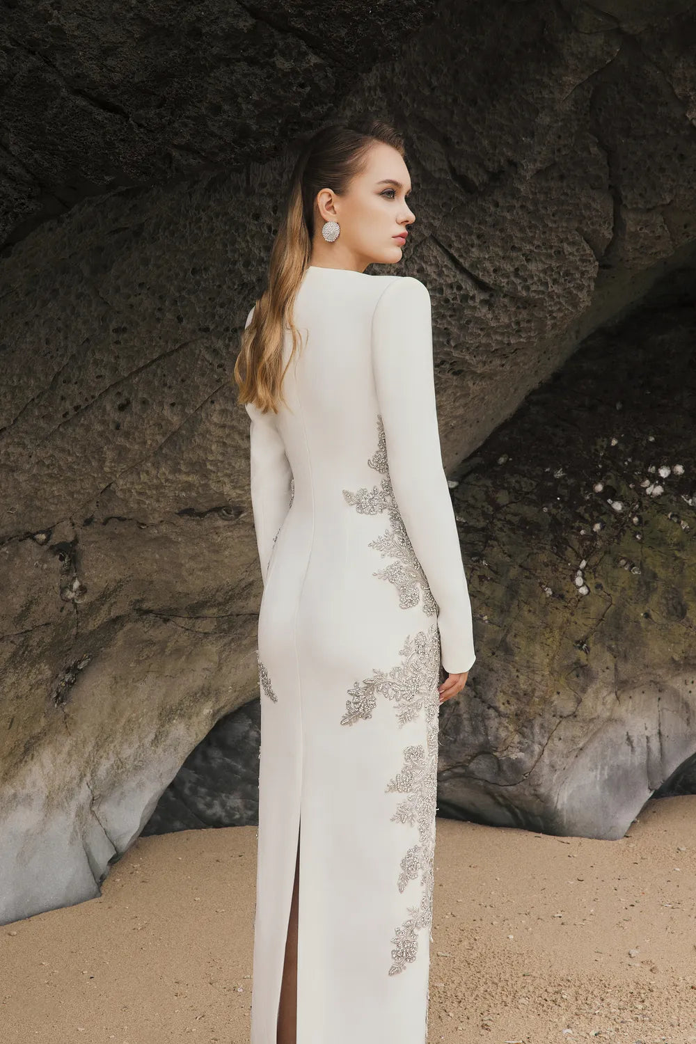 V-Neck Symmetric Sided Crystal Embellished Dress